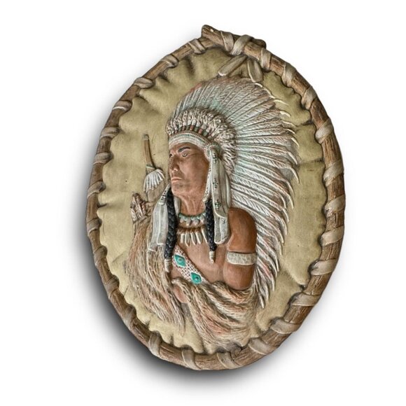 Native American Chief Warrior Wall Decor With Feather Headdress & Beaded Details - Picture 4 of 8